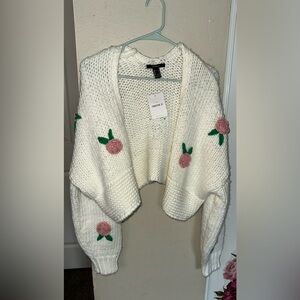 Forever 21 Cream Knit Sweater with Pink Floral Accents Small